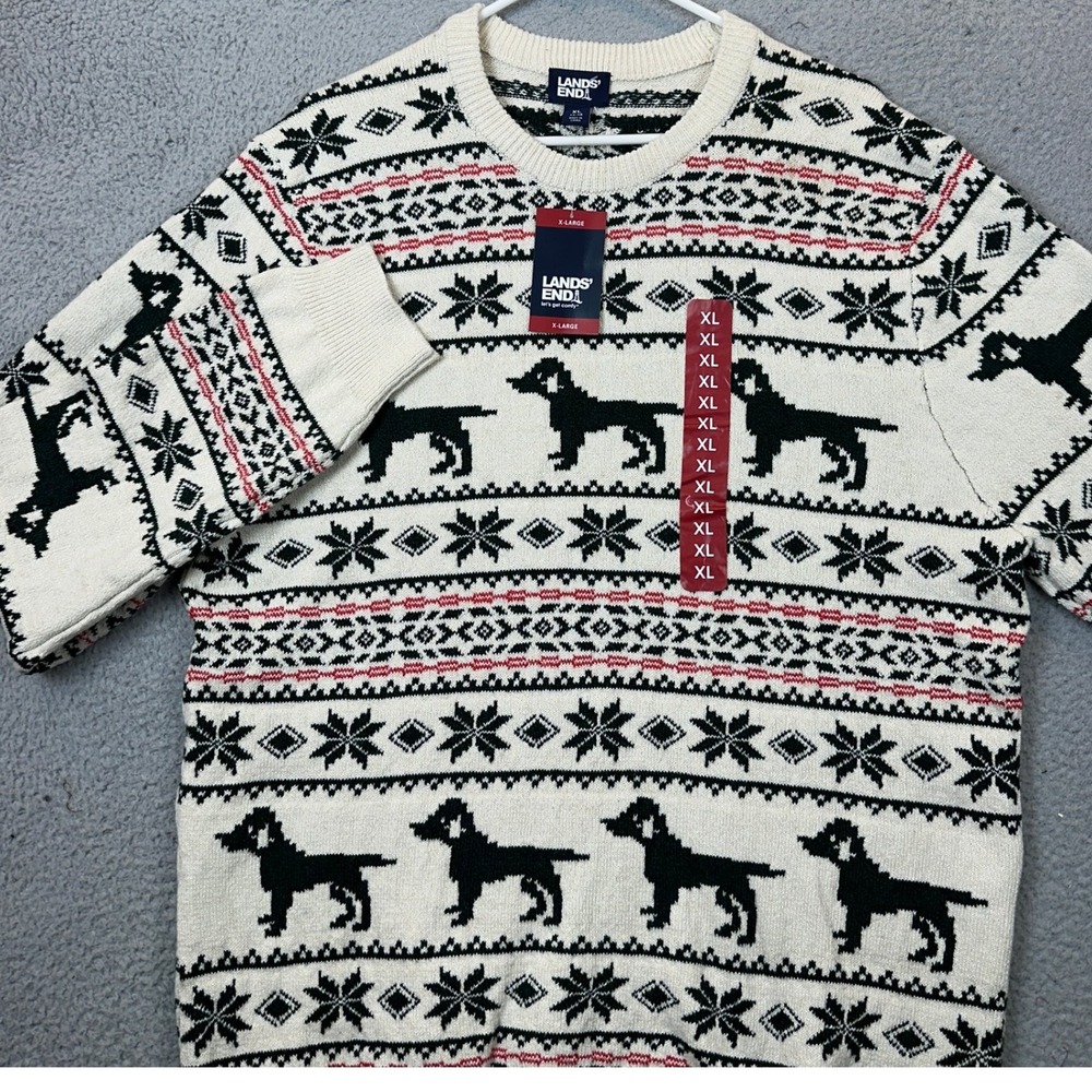 NEW Lands End Sweater Mens XL Cream Black Red Fair Isle Dog Snowflake Pullover